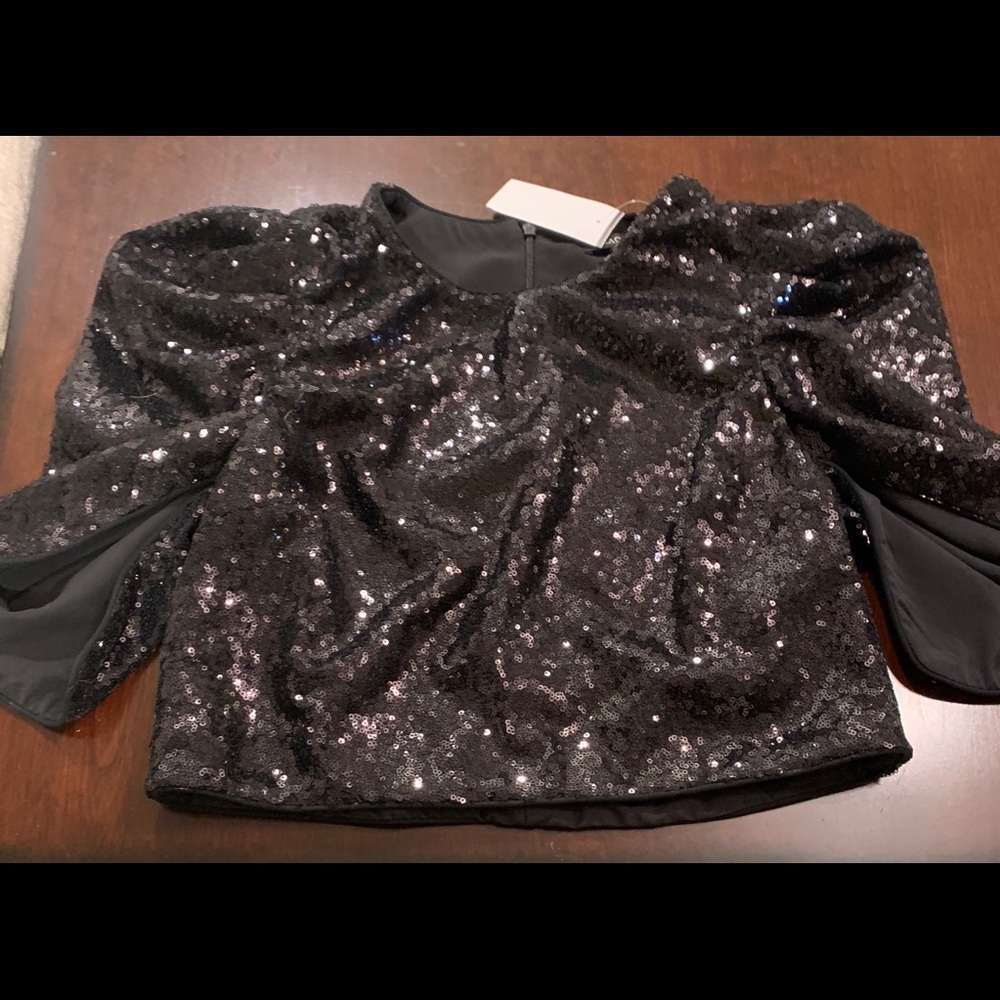 Black Halo Sequence Crop Top With Open Sleeves